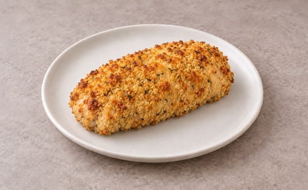A serving of chicken cordon bleu on a plain white dish