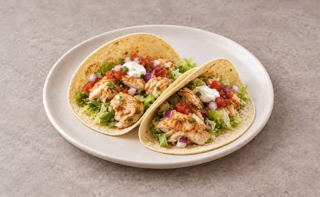 A serving of cilantro lime fish tacos on a plain white dish