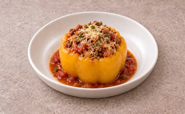 A serving of ground turkey stuffed peppers on a plain white dish